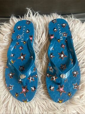 Coach Blue Jelly Flip Flops with Multicolor Star Print